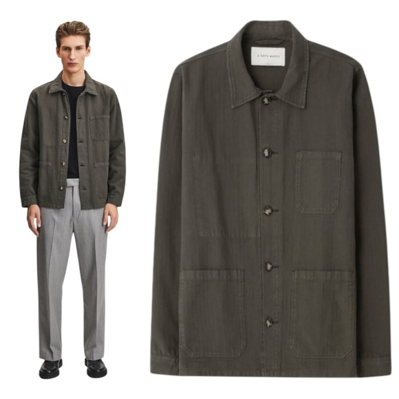 A Day’s March Men’s Cotton Original Herringbone Overshirt in Olive. Size Medium - Picture 13 of 13